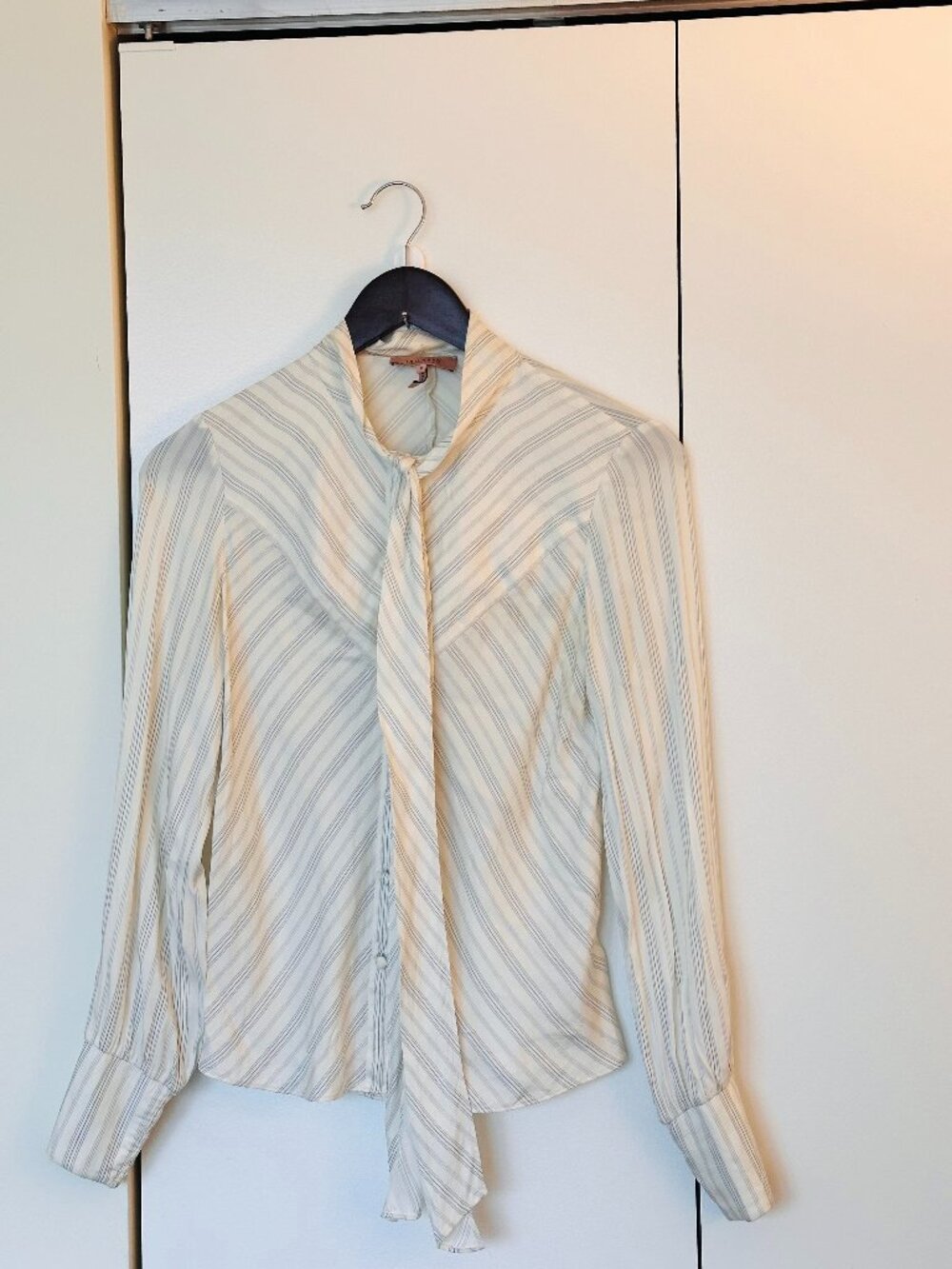 Rebecca Taylor White/Navy Stripe Silk Blouse with Bowtie - US Size 0